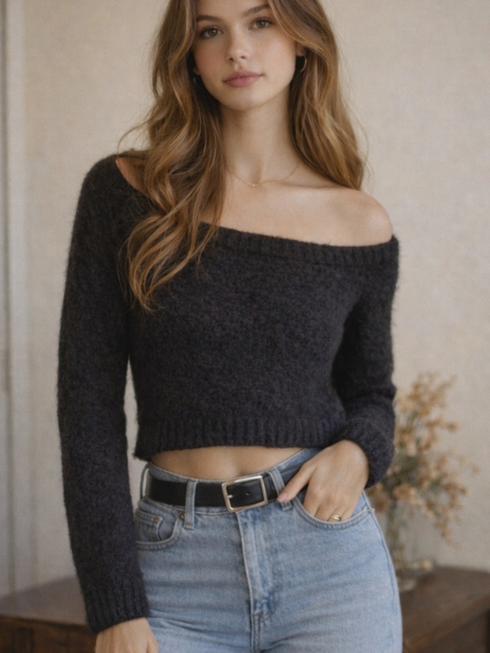 "Rare Helmut Lang off-shoulder brushed black wool sweater"
